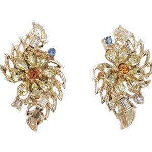 Vintage 1950s Signed Corocraft Coro Rhinestone Flower Clip Earrings